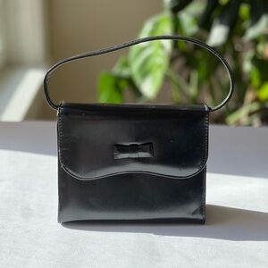 Vintage Little Black Leather Bag With Leather Bow. Flap Over Purse By HILCO